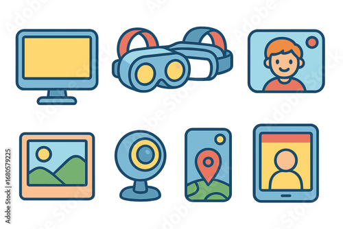 Digital World Icons. Flat vector mini-illustrations virtual views in colors children's illustrations: computer screen, VR headset,