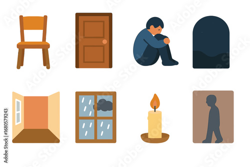 Despair and Solitude Icons. Flat vector mini-illustrations despair and solitude in colors children's illustrations: empty chair,