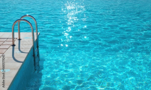 Clear blue water sparkles under sunlight by the poolside