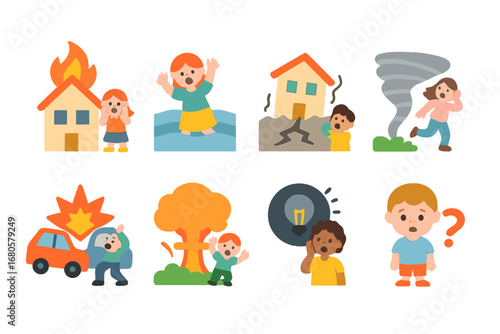Disaster Icons Grid. Flat vector mini-illustrations panic situations in colors children's illustrations: fire, flood, earthquake,