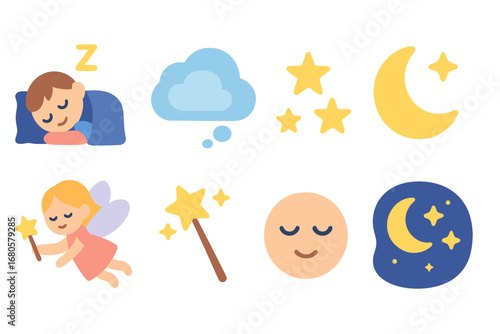 Dreamy Night Icons. Flat vector mini-illustrations darkness and dreams in colors children's illustrations: sleeping child, dream