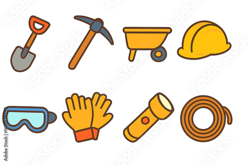 Disaster Recovery Tools. Flat vector mini-illustrations disaster recovery tools in colors children's illustrations: shovel,