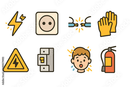 Electrical Safety Icons. Flat vector mini-illustrations electrical burns in colors children's illustrations: electric spark, power