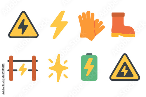 Electric Safety Icons. Flat vector mini-illustrations electric hazard in colors children's illustrations: warning sign, electric