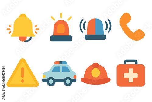 Emergency Icons for Kids. Flat vector mini-illustrations alarm in colors children's illustrations: ringing bell, flashing light,
