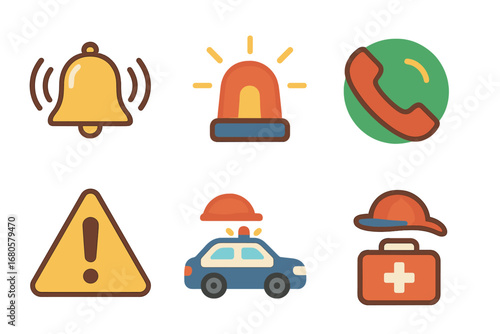 Emergency Icons for Kids. Flat vector mini-illustrations alarm in colors children's illustrations: ringing bell, flashing light,