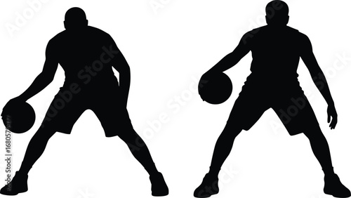 Silhouette of two basketball players dribbling basketballs, dynamic male athletes in motion, vector illustration, sports action, isolated on white background