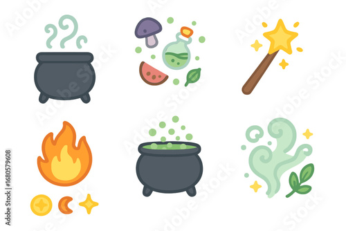 Enchanted Cauldron Icons. Flat vector mini-illustrations enchanted cauldron scene in colors children's illustrations: steaming