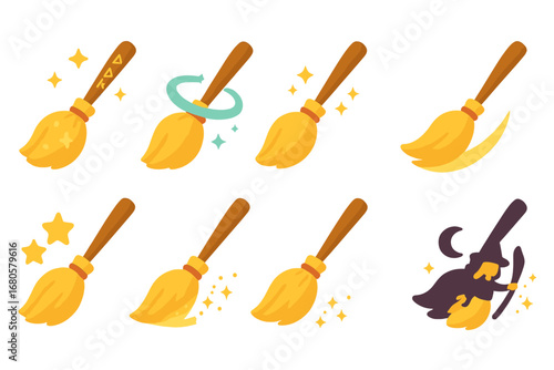 Enchanted Broomstick Illustrations. Flat vector mini-illustrations enchanted broomsticks in colors children's illustrations: broom