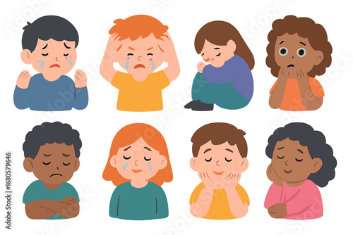 Emotional Icons Grid. Flat vector mini-illustrations crying and emotions in colors children's illustrations: sadness, frustration,