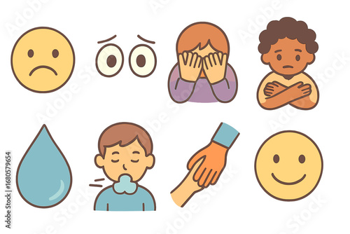 Emotions Icon Grid. Flat vector mini-illustrations isolation and mental health in colors children's illustrations: sad face,
