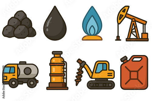 Energy Source Icons. Flat vector mini-illustrations fossil fuels in colors children's illustrations: coal pile, oil drop, natural