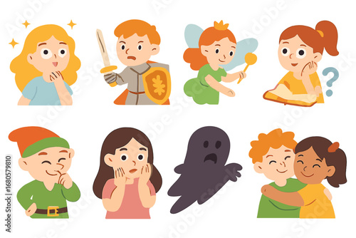 Fairy Tale Emotions. Flat vector mini-illustrations fairy tale emotions in colors children's illustrations: wonder, bravery,