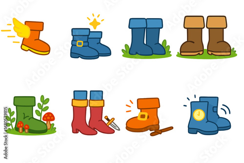 Fairy Tale Boots Icons. Flat vector mini-illustrations boots in fairy tales in colors children's illustrations: boots of speed,