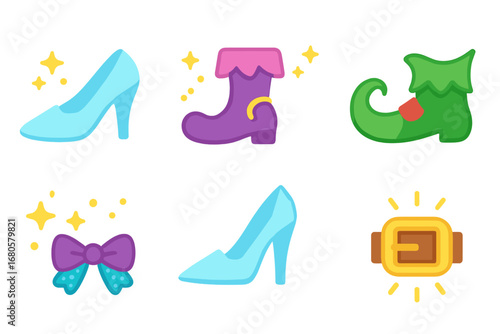 Fairy Tale Footwear. Flat vector mini-illustrations fairy tale shoes in colors children's illustrations: Cinderella’s slipper,