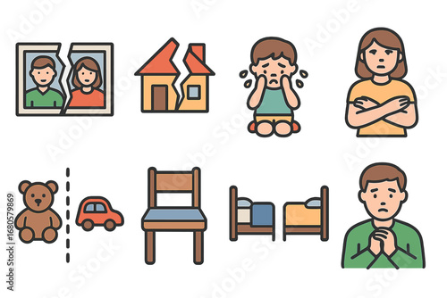 Family Conflict Icons. Flat vector mini-illustrations abuse family impact in colors children's illustrations: broken family photo,