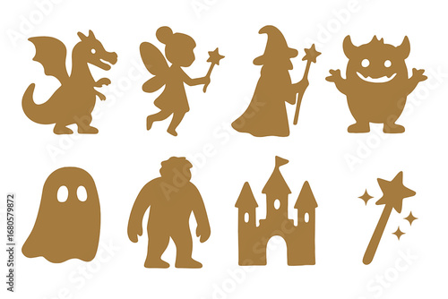 Fantasy Shadow Icons. Flat vector mini-illustrations fantasy shadows in colors children's illustrations: dragon shadow, fairy