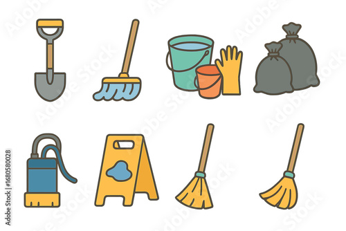 Flood Cleanup Tools. Flat vector mini-illustrations flood cleanup in colors children's illustrations: shovel, mop, buckets, gloves