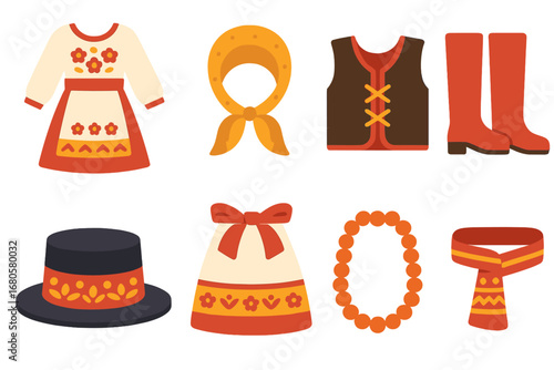 Folk Costume Icons. Flat vector mini-illustrations folk costumes in colors children's illustrations: embroidered dresses,