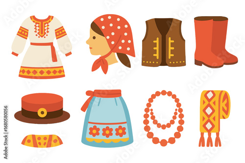 Folk Costume Icons. Flat vector mini-illustrations folk costumes in colors children's illustrations: embroidered dresses,