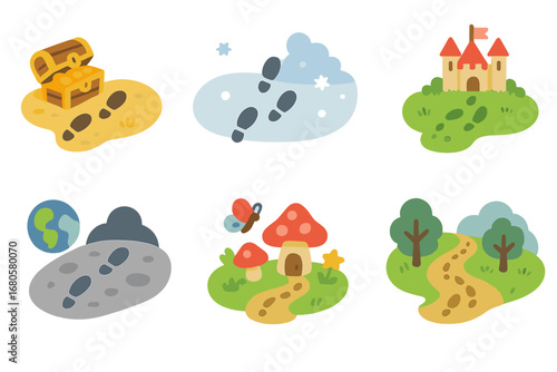 Footprint Adventure Icons. Flat vector mini-illustrations shoeprint stories in colors children's illustrations: footprints to