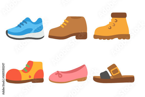 Giant Shoe Icons. Flat vector mini-illustrations giant shoe shoes in colors children's illustrations: giant running shoe, giant