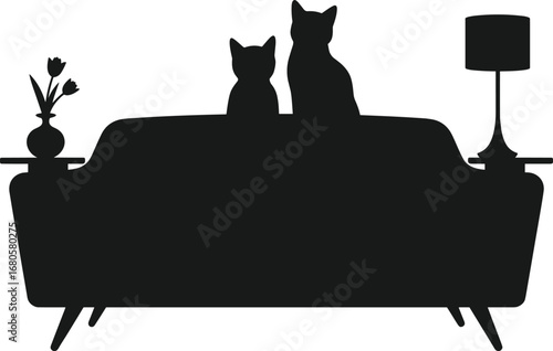 Silhouette of Two Cats Sitting on Sofa with Lamp and Flower Vase – Cozy Living Room, Pets, Furniture, Black Vector Art