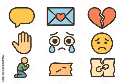 Guilt and Apology Icons. Flat vector mini-illustrations guilt and apology in colors children's illustrations: speech bubble,