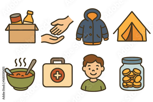 Homelessness Support Icons. Flat vector mini-illustrations homelessness help and support in colors children's illustrations: food