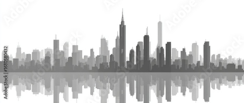 Monochrome cityscape skyline reflected on water