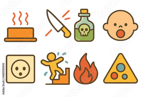 Home Safety Danger Icons. Flat vector mini-illustrations home safety danger signs in colors children's illustrations: hot surface,