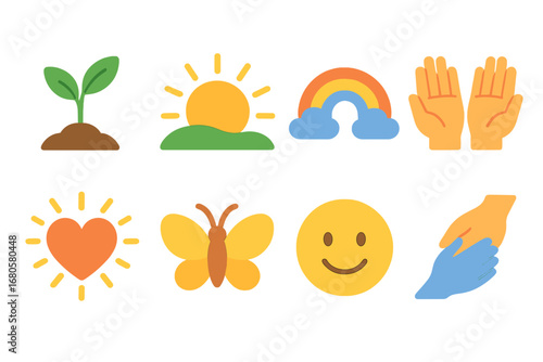 Hopeful Children's Icons. Flat vector mini-illustrations sadness and hope in colors children's illustrations: growing plant,