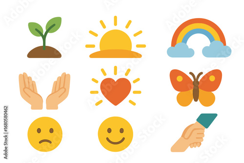Hopeful Children's Icons. Flat vector mini-illustrations sadness and hope in colors children's illustrations: growing plant,