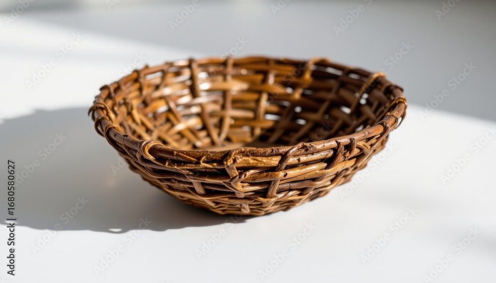 Obraz premium ultra sharp isolated serving bowl built from twigs and branches, detailed with woven natural pattern, offering compact and space saving, shown on bright white with minimal shadow.