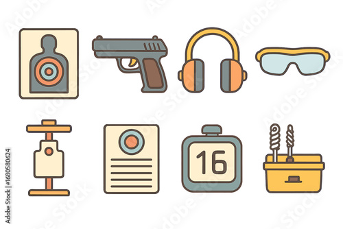 Kids Shooting Range Icons. Flat vector mini-illustrations shooting range in colors children's illustrations: shooting target,