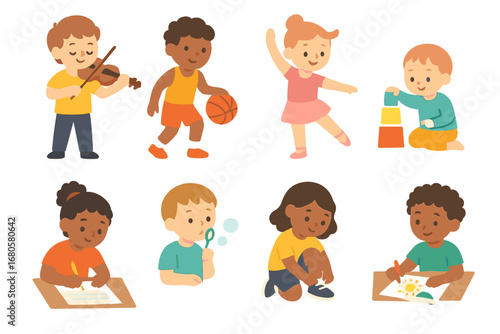 Kids Activity Icons. Flat vector mini-illustrations practice in colors children's illustrations: child playing violin, kid