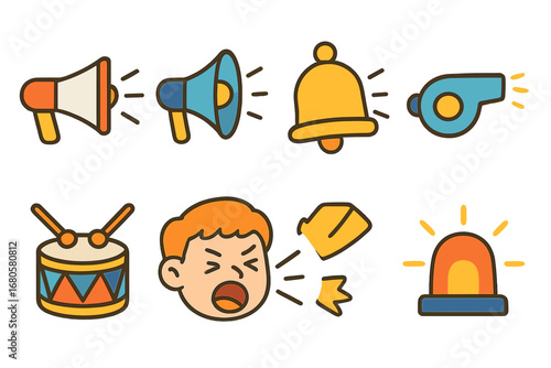 Loud Sound Icons. Flat vector mini-illustrations loud sounds in colors children's illustrations: megaphone, loudspeaker, ringing