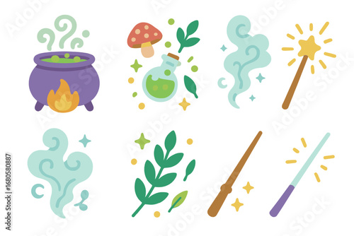 Magical Cauldron Icons. Flat vector mini-illustrations enchanted cauldron scene in colors children's illustrations: steaming