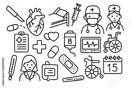 Medical Doodle Illustrations. Hand-drawn doodle illustration circulatory system heart surgery scalpel, heart, hospital bed, doctor
