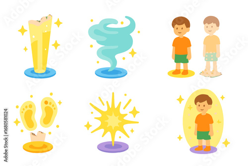 Magical Teleportation Icons. Flat vector mini-illustrations teleportation effects in colors children's illustrations: sparkling