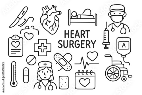 Medical Doodle Illustrations. Hand-drawn doodle illustration circulatory system heart surgery scalpel, heart, hospital bed, doctor