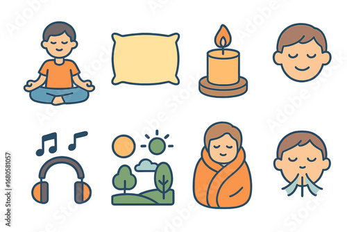 Mental Health Icons. Flat vector mini-illustrations mental breakdown and relaxation in colors children's illustrations: meditation