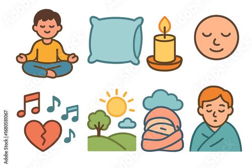 Mental Health Icons. Flat vector mini-illustrations mental breakdown and relaxation in colors children's illustrations: meditation