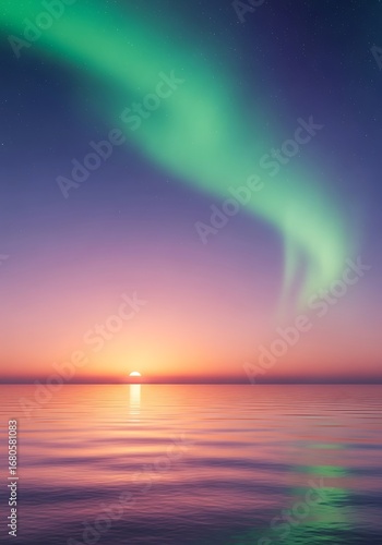 Aurora Borealis over Calm Water at Sunset.