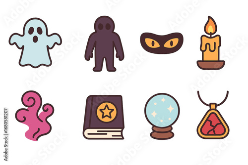 Mystical Children's Icons. Flat vector mini-illustrations curse and supernatural in colors children's illustrations: ghost, shadow