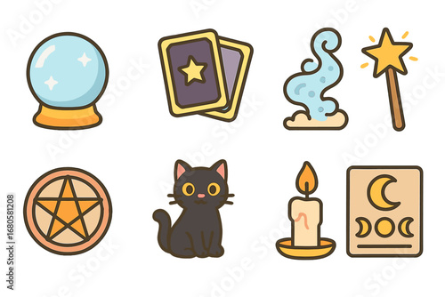 Mystical Icons for Kids. Flat vector mini-illustrations new moon mysticism in colors children's illustrations: crystal ball, tarot