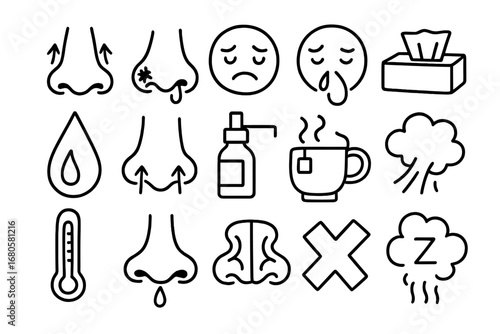 Nasal Congestion Doodles. Hand-drawn doodle illustration nasal congestion nose, blocked nostril, sad face, tissue box, runny nose,