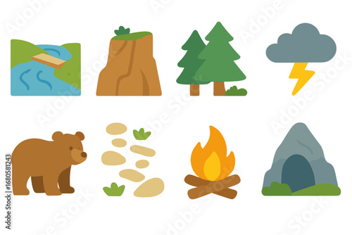 Nature Adventure Icons. Flat vector mini-illustrations nature challenges in colors children's illustrations: river crossing, steep