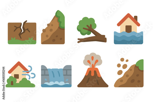 Nature Disturbance Icons. Flat vector mini-illustrations collapse and nature in colors children's illustrations: earthquake crack,