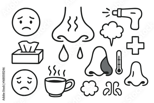 Nasal Congestion Doodles. Hand-drawn doodle illustration nasal congestion nose, blocked nostril, sad face, tissue box, runny nose,